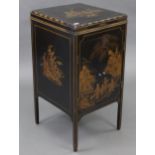 A Chinoiserie-style black lacquered floor-standing gramophone cabinet with gold figure-scene