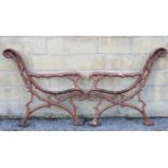 A pair of Victorian-style brown painted cast-iron garden bench end supports of rustic design, 29”