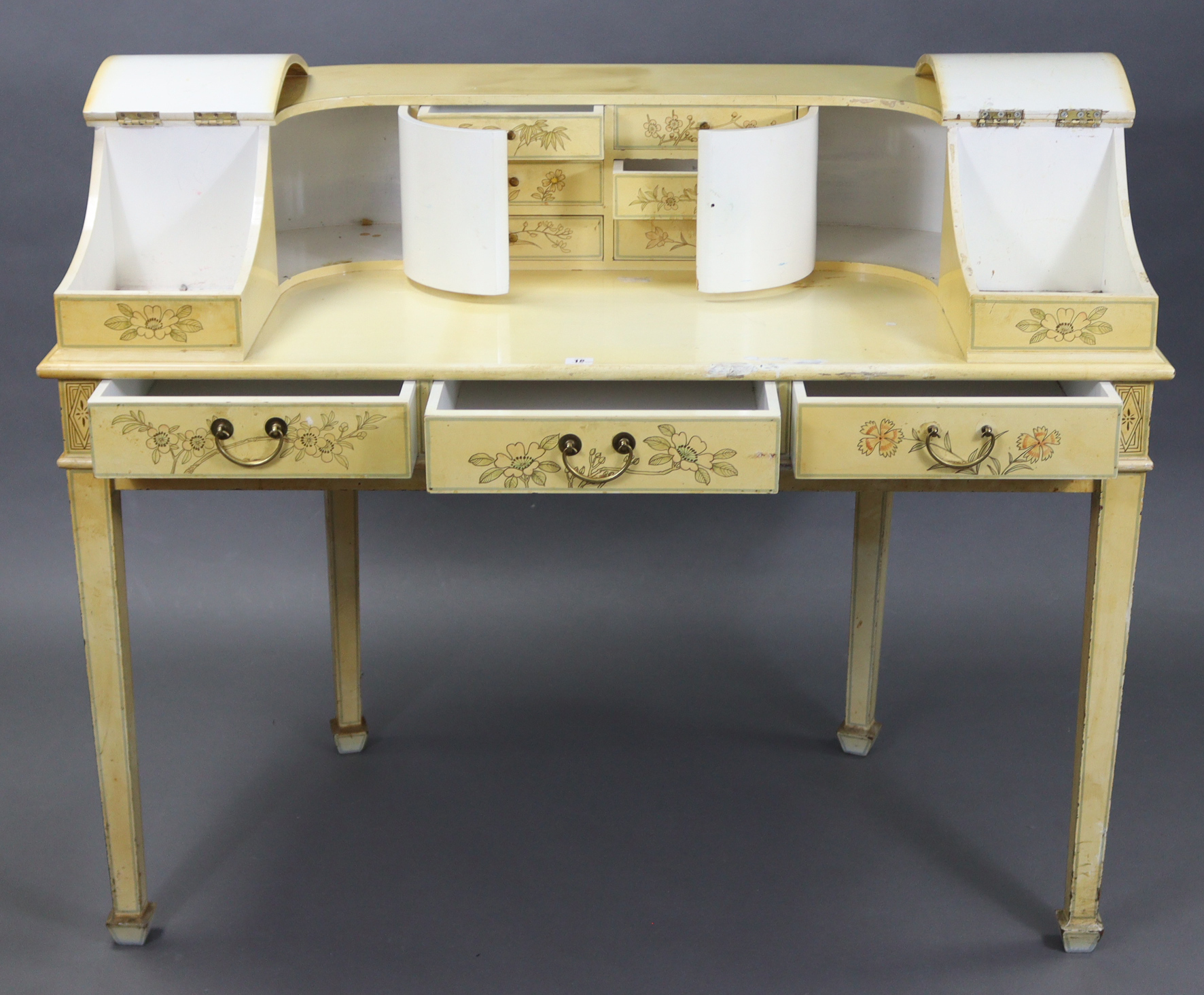 A Carlton House-type cream finish wooden desk, fitted with an arrangement of small drawers & - Image 2 of 6