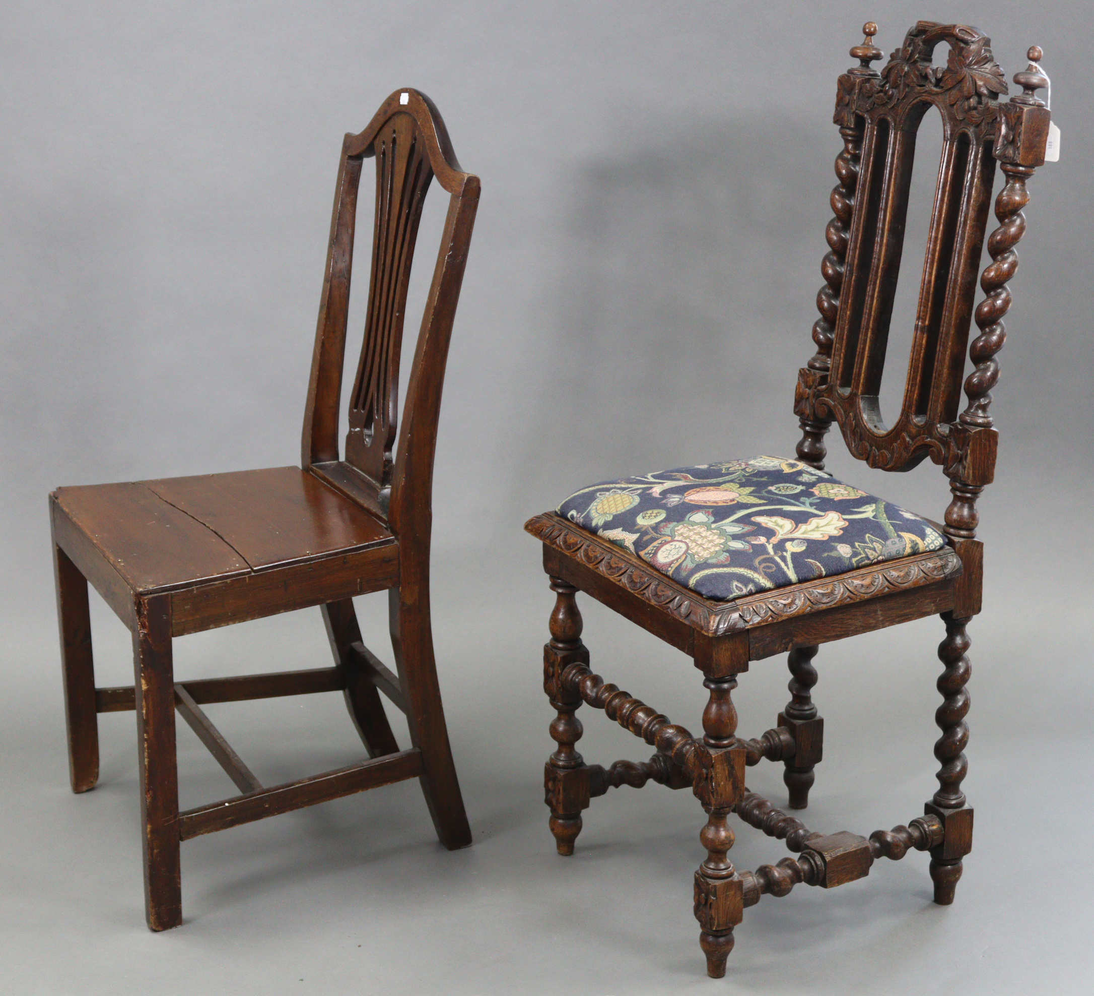 A Carolean-style carved oak hall chair with padded drop-in-seat, & on carved & turned legs with - Image 2 of 6