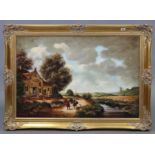 A large oil painting on canvas depicting a 19th century continental village scene with numerous