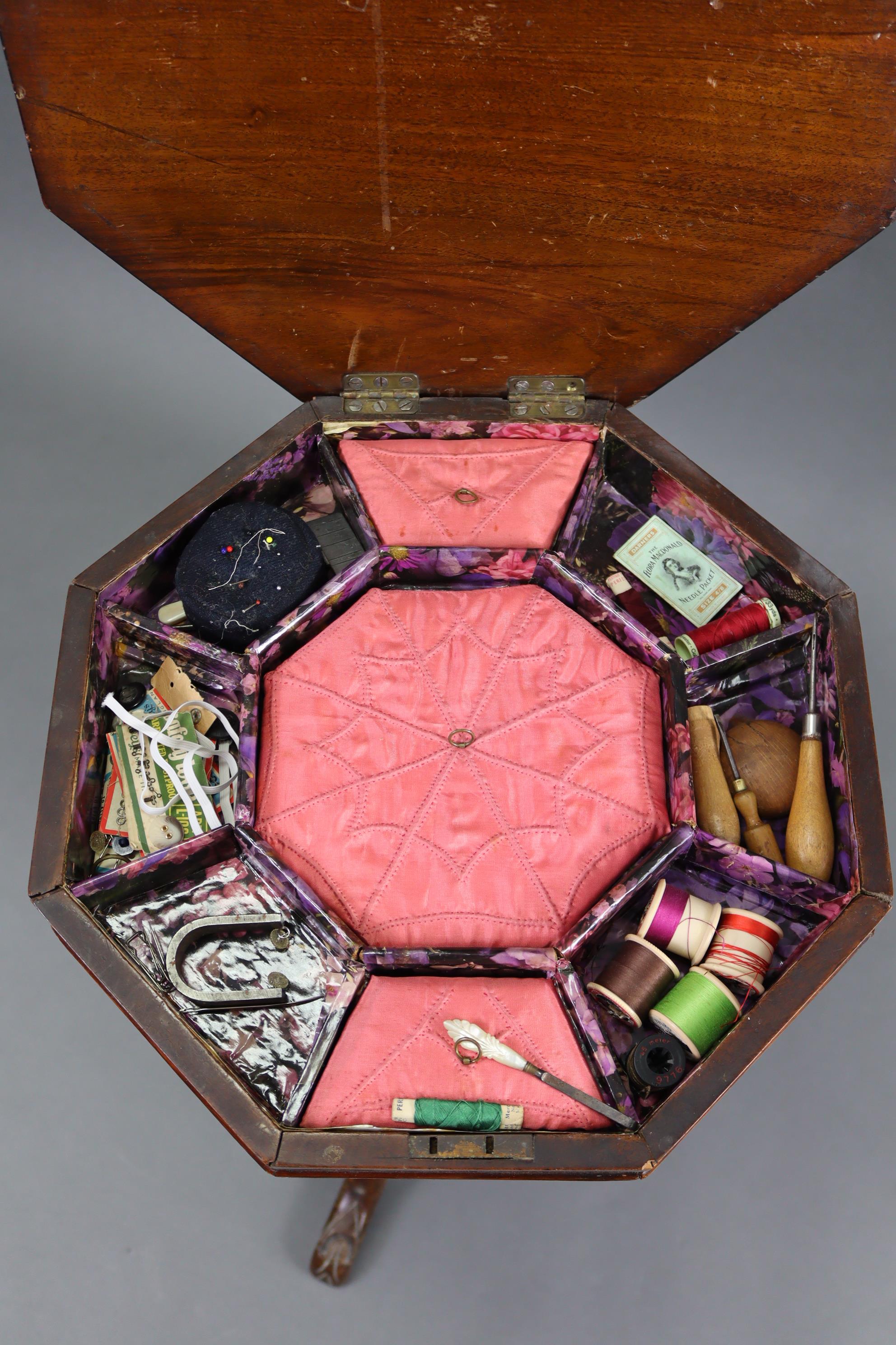 A Victorian marquetry-inlaid mahogany sewing table, inset chessboard to the octagonal hinged - Image 6 of 8