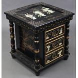 A Chinese-style black lacquered small three-drawer chest with figure-scene decoration to the top &