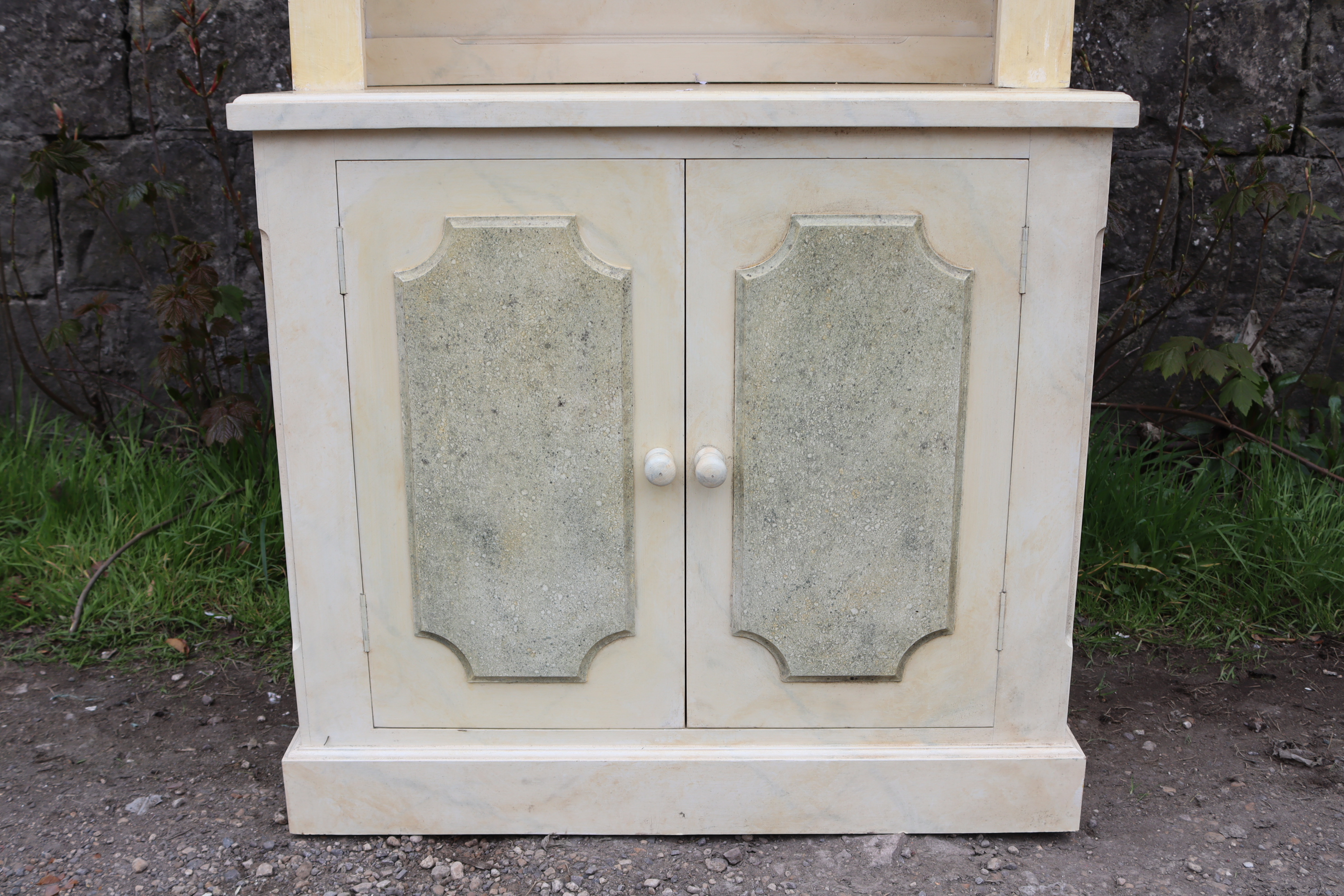 A pair of white & grey painted marble-effect wooden tall bookcases, the upper part with moulded - Image 4 of 11