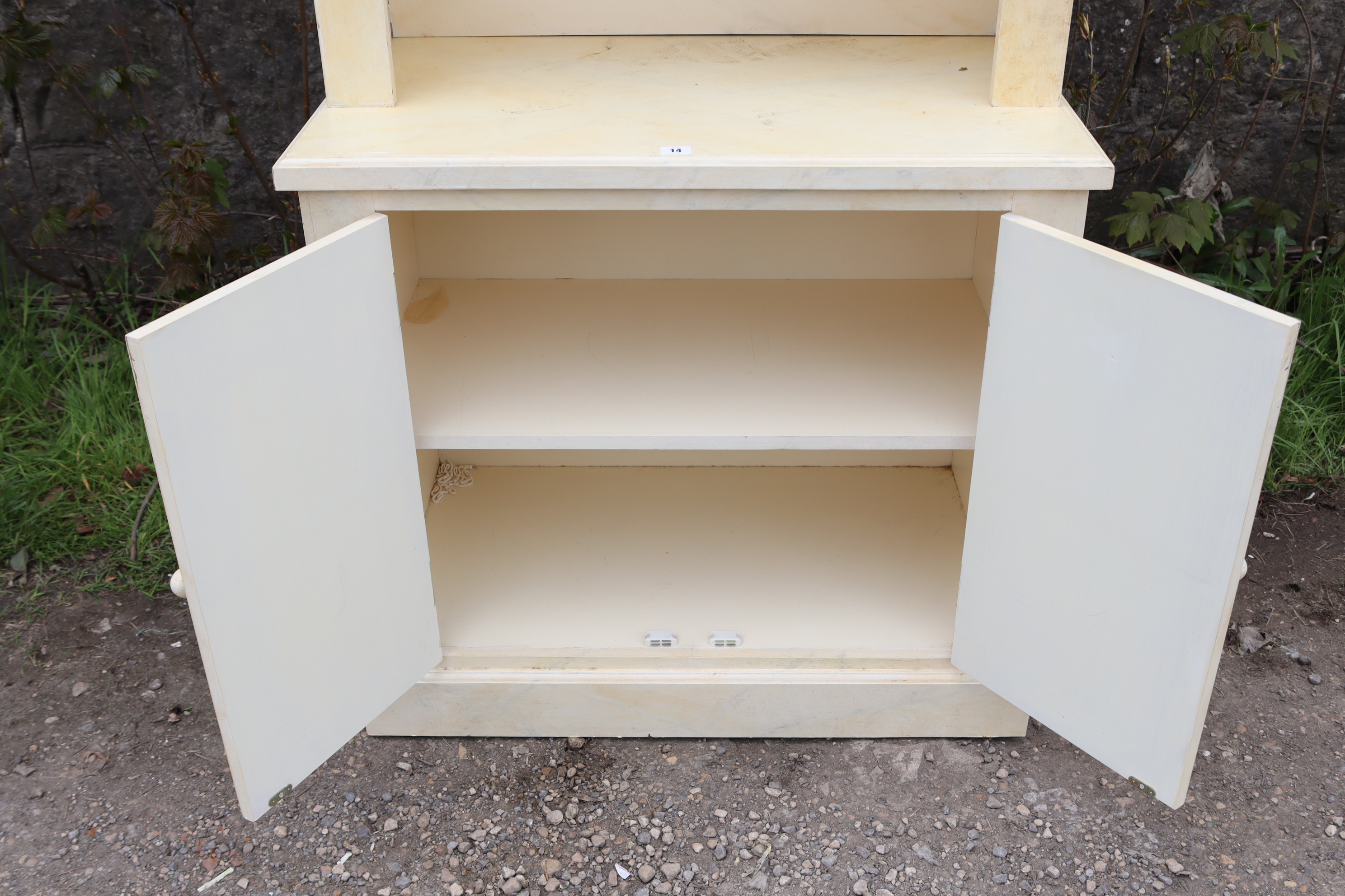 A pair of white & grey painted marble-effect wooden tall bookcases, the upper part with moulded - Image 9 of 11