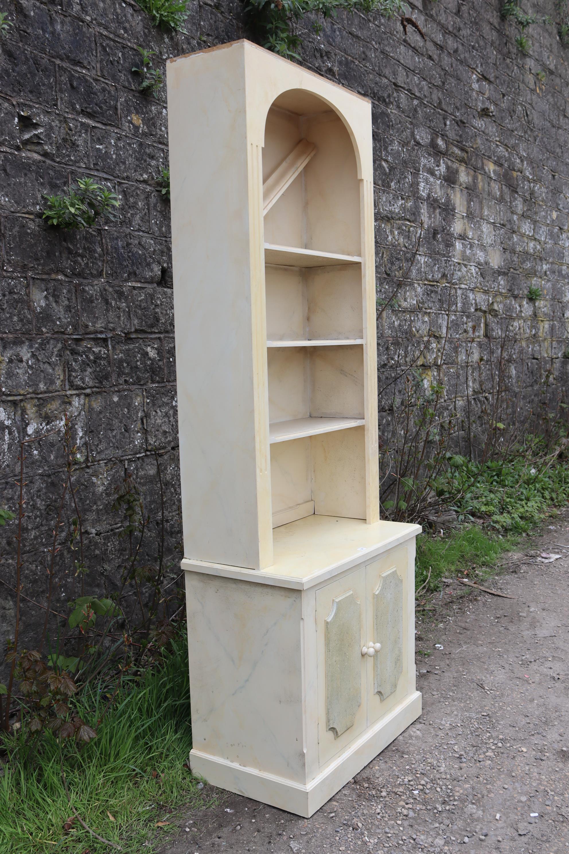 A pair of white & grey painted marble-effect wooden tall bookcases, the upper part with moulded - Image 7 of 11