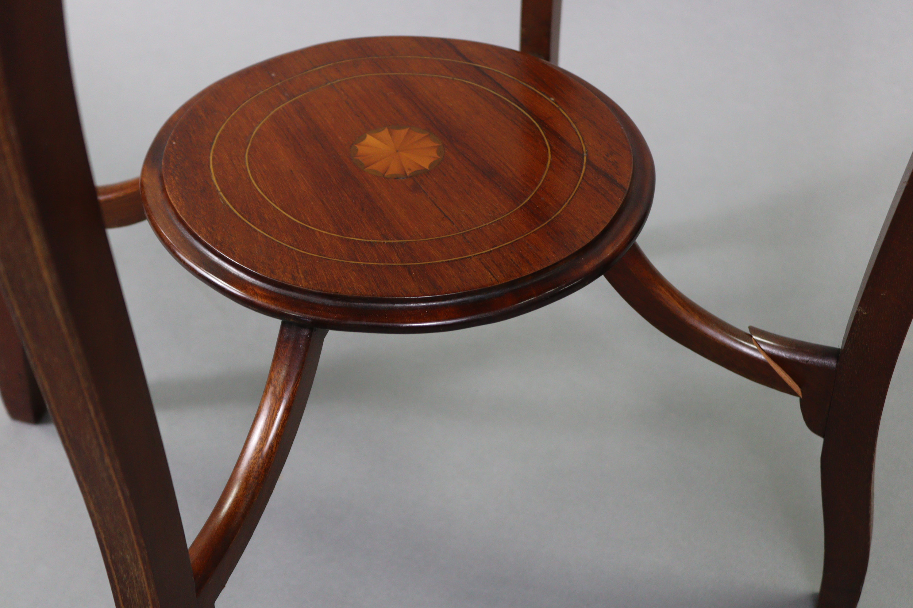 An Edwardian inlaid-mahogany circular two-tier occasional table on four slender cabriole legs, 24” - Image 5 of 9