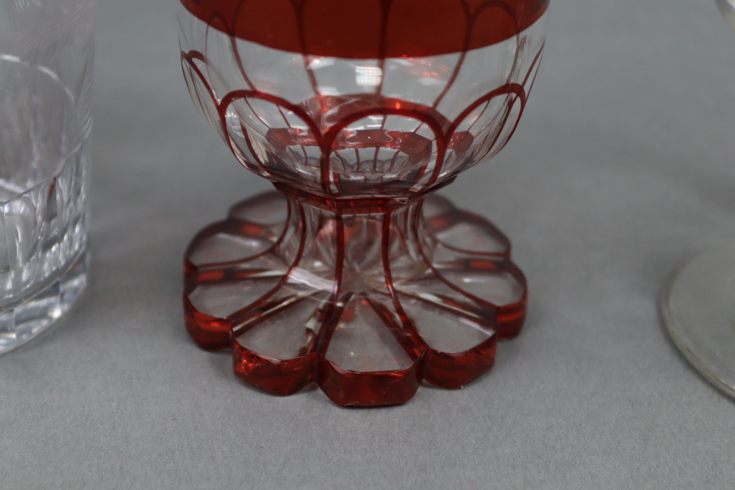 A ruby tinted & clear-glass vase with etched stag decoration, 16¼” high; a large glass tumbler - Image 7 of 14