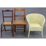 An oak rail-back cottage dining chair, with hard seat & on square tapered legs with plain