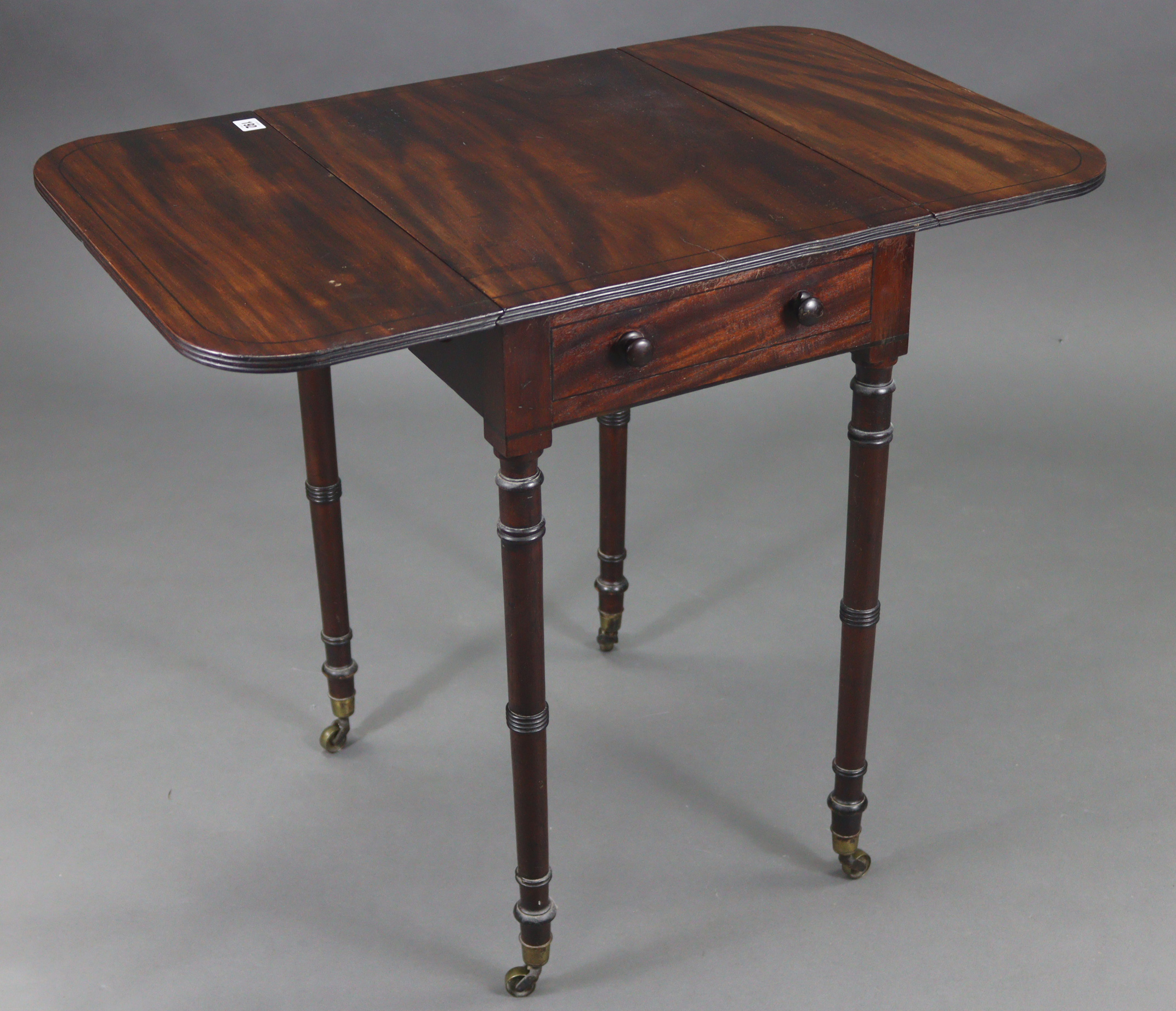 A 19th century inlaid-mahogany rectangular drop-leaf work table, on ring-turned legs with brass - Image 5 of 8