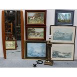 A teak frame rectangular wall mirror, 31” x 14”; together with thirteen various decorative pictures;