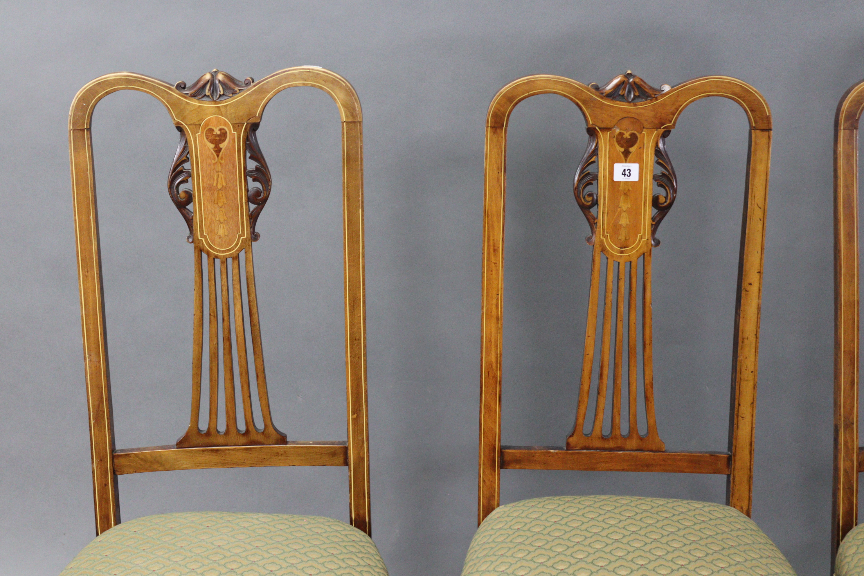 A set of four Edwardian inlaid-beech splat-back dining chairs with padded seats, & on slender - Image 2 of 4