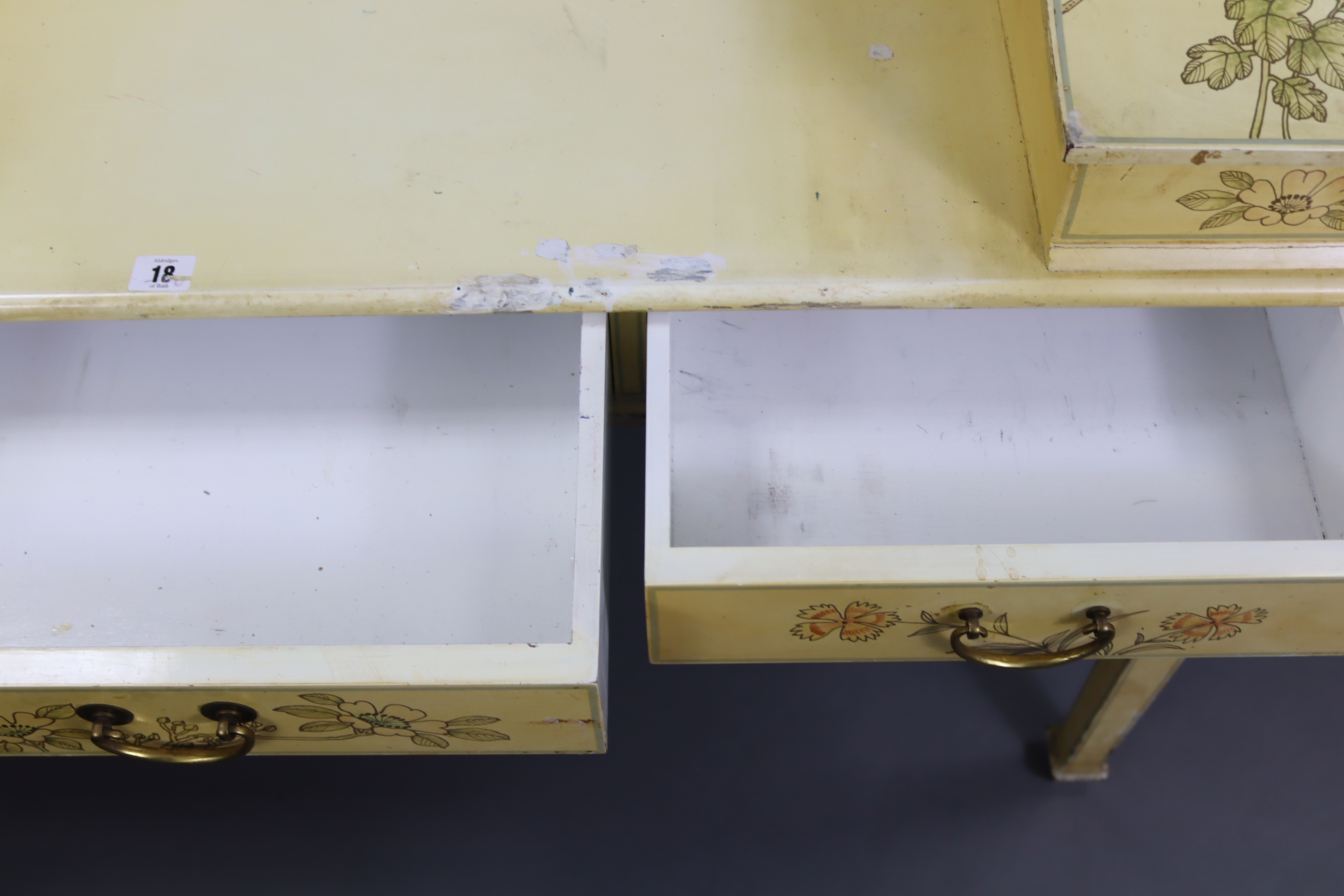 A Carlton House-type cream finish wooden desk, fitted with an arrangement of small drawers & - Image 4 of 6