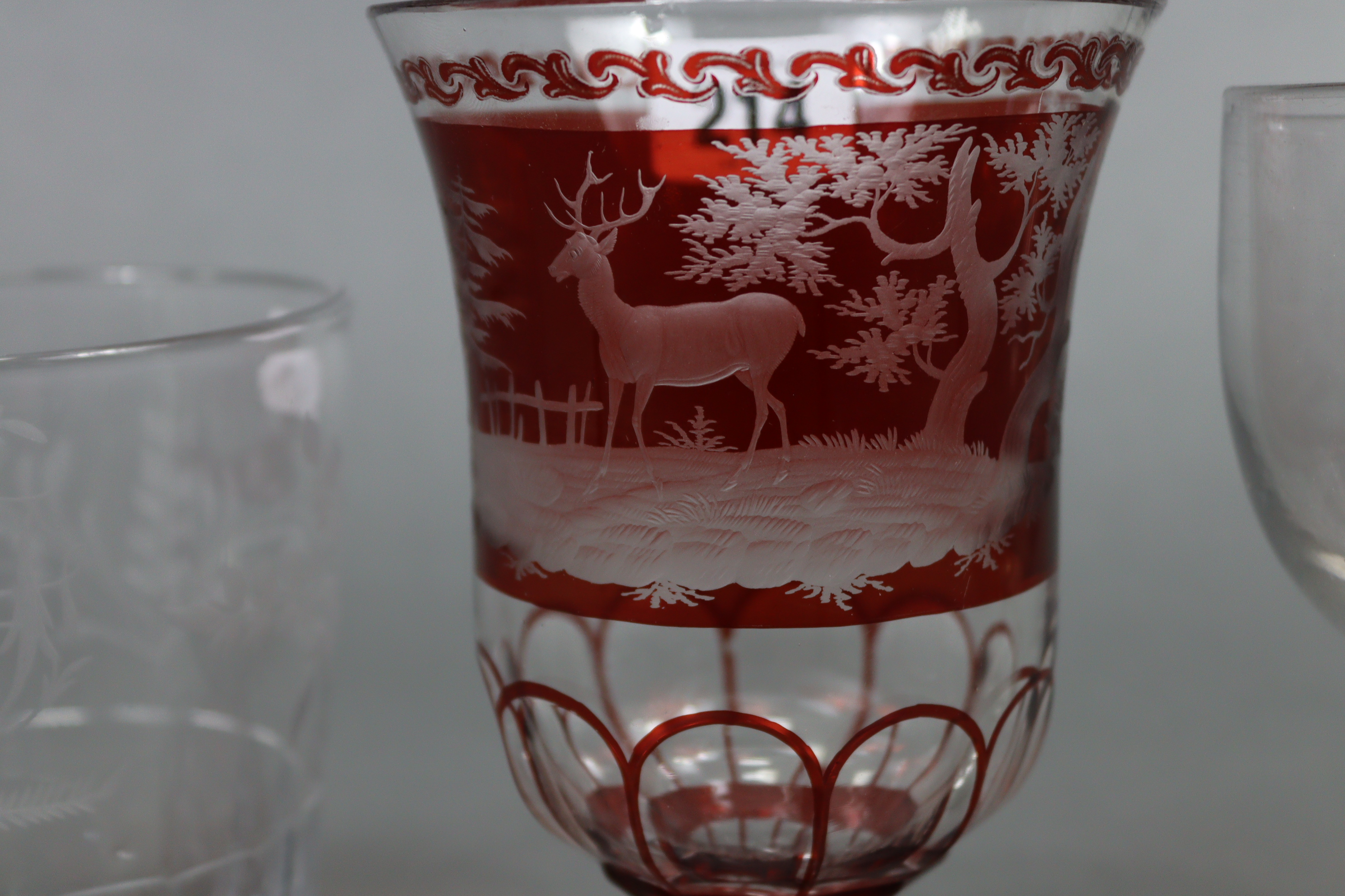 A ruby tinted & clear-glass vase with etched stag decoration, 16¼” high; a large glass tumbler - Image 3 of 14