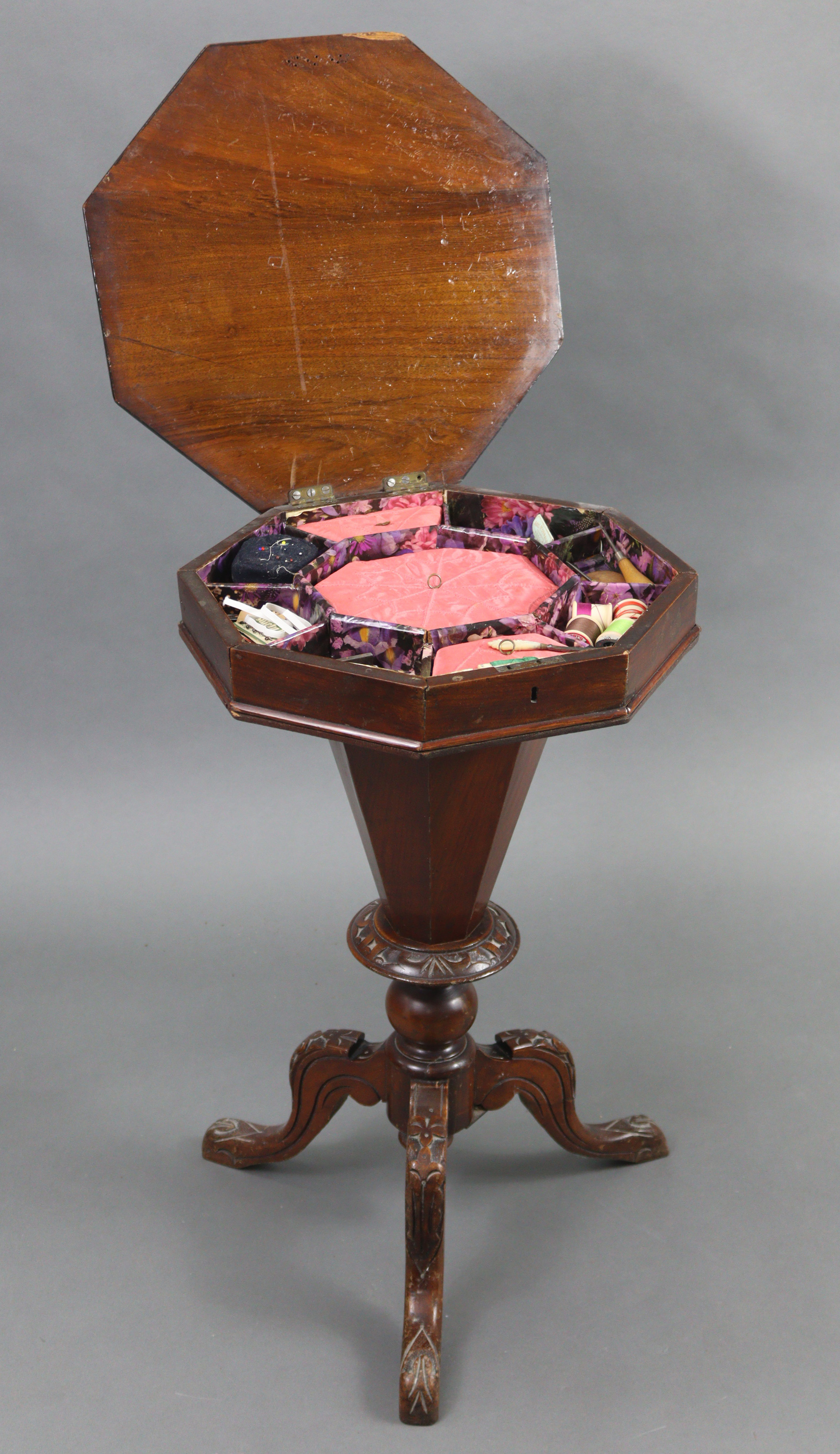 A Victorian marquetry-inlaid mahogany sewing table, inset chessboard to the octagonal hinged - Image 5 of 8