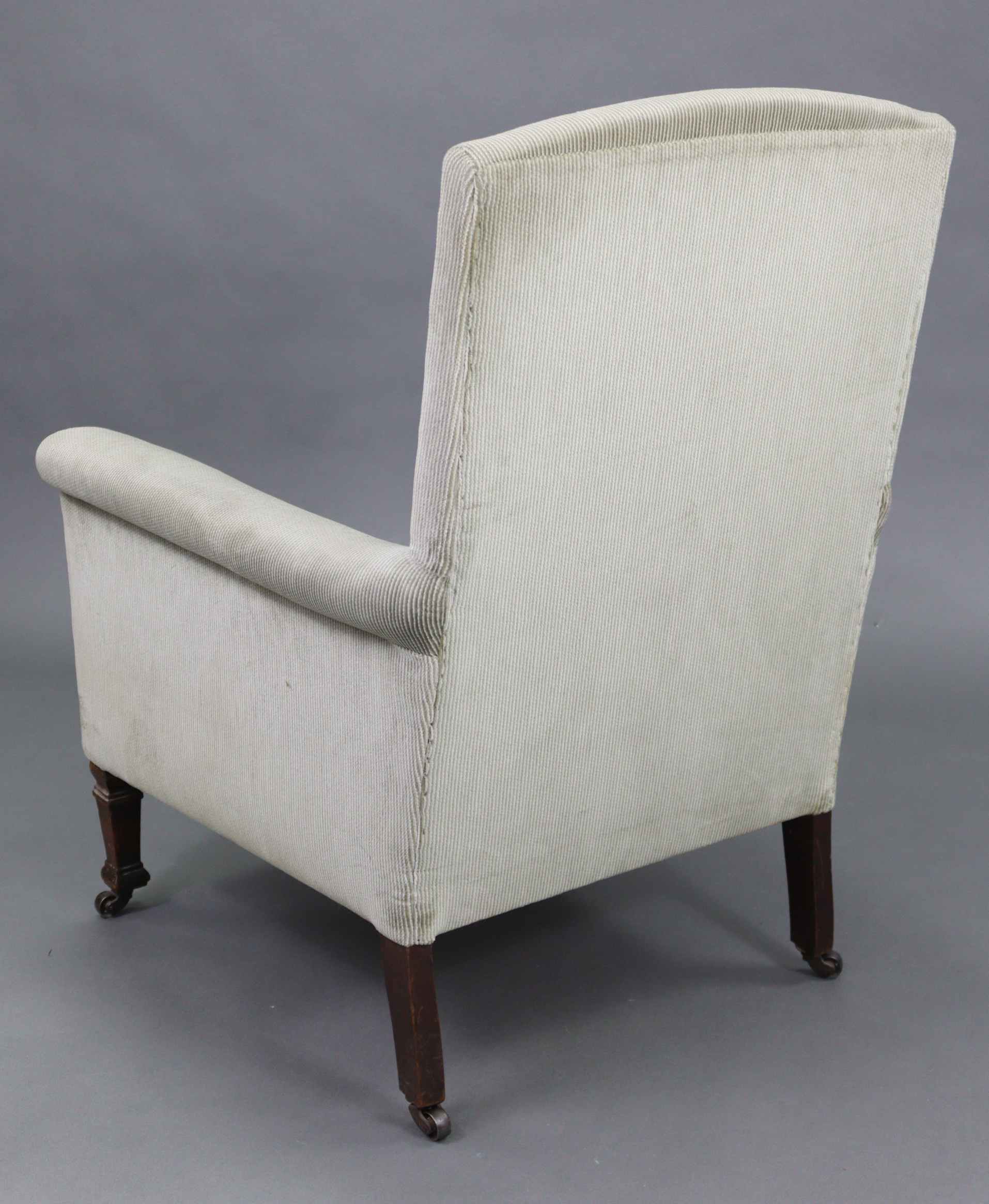 An Edwardian armchair upholstered grey velour, & on short square legs with steel castors. - Image 3 of 6
