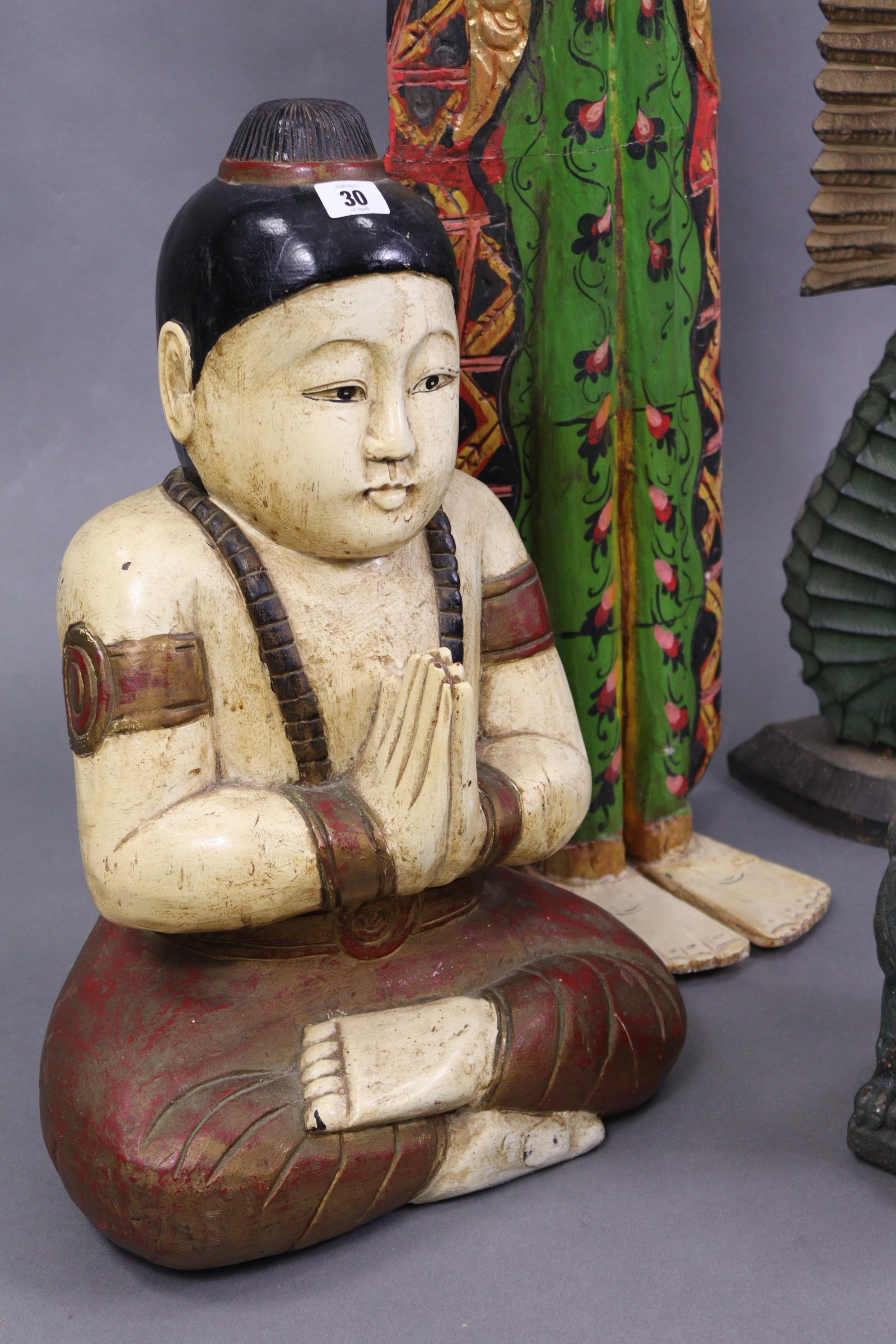 A painted & carved wooden Buddha ornament, 22” high; a pair of temple-dog ornaments, 10” high; & - Image 2 of 5