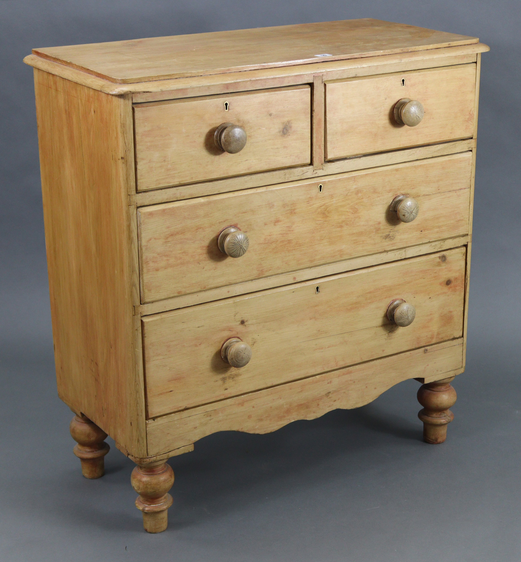 A pine chest fitted two short & two long graduated drawers with turned knob handles, & on short - Image 2 of 10