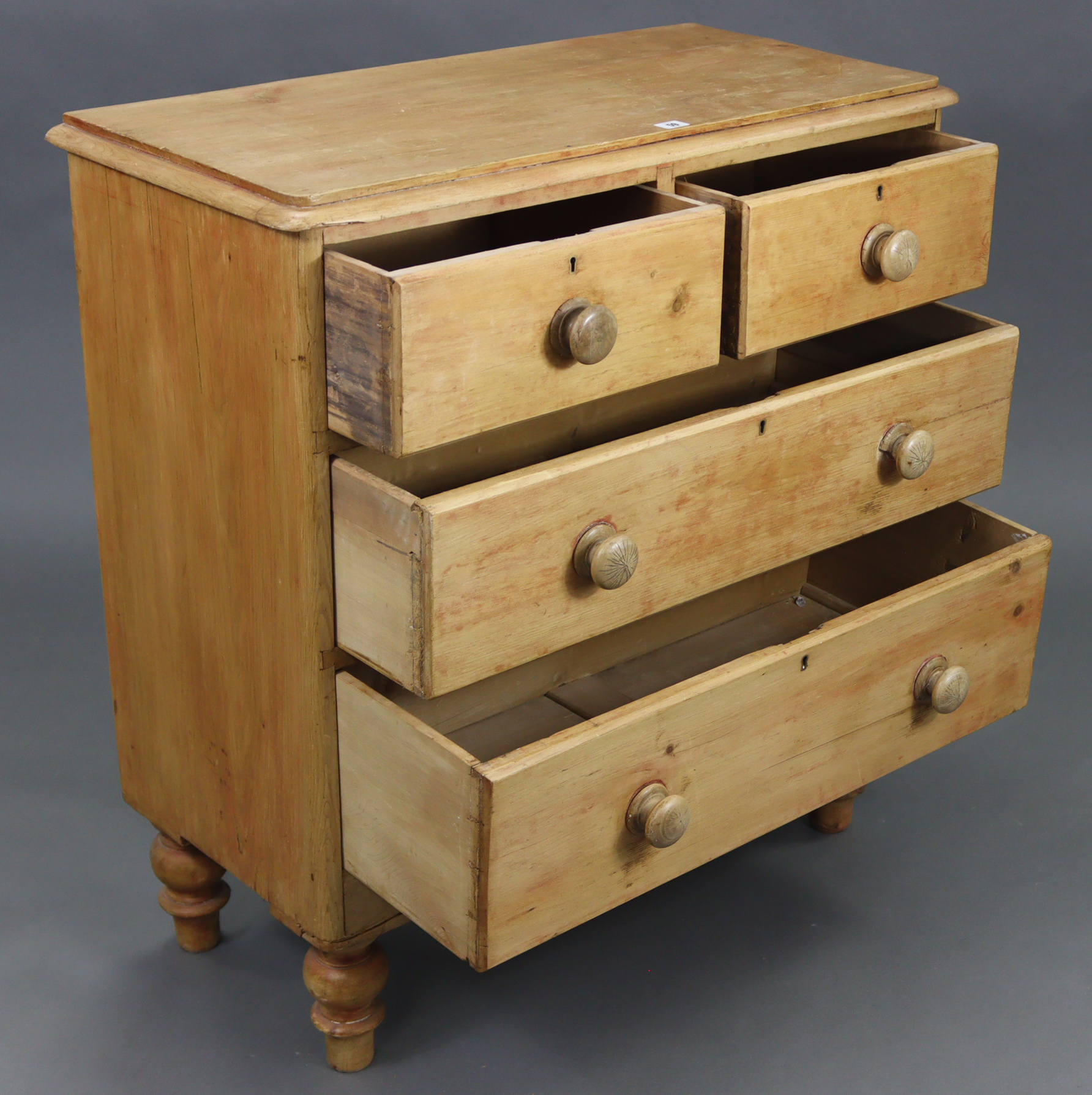 A pine chest fitted two short & two long graduated drawers with turned knob handles, & on short - Image 3 of 10