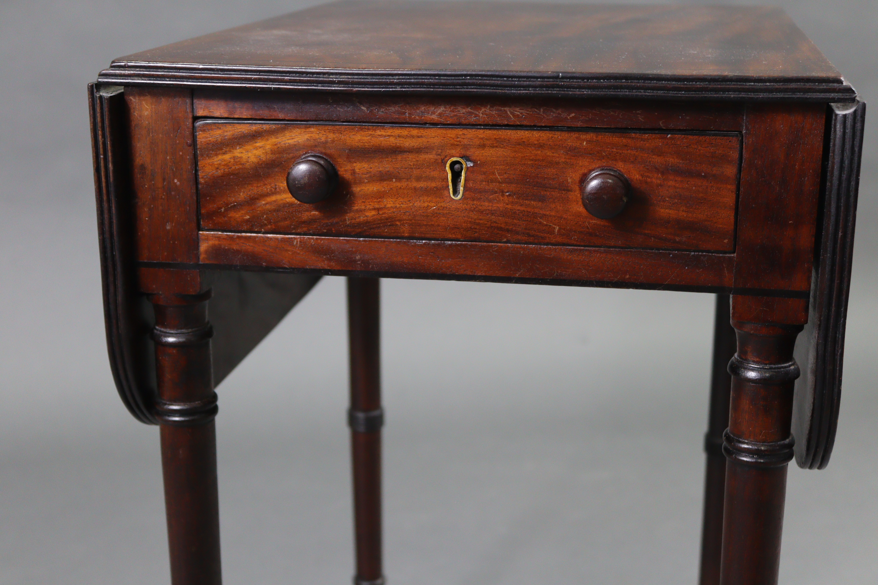 A 19th century inlaid-mahogany rectangular drop-leaf work table, on ring-turned legs with brass - Image 2 of 8