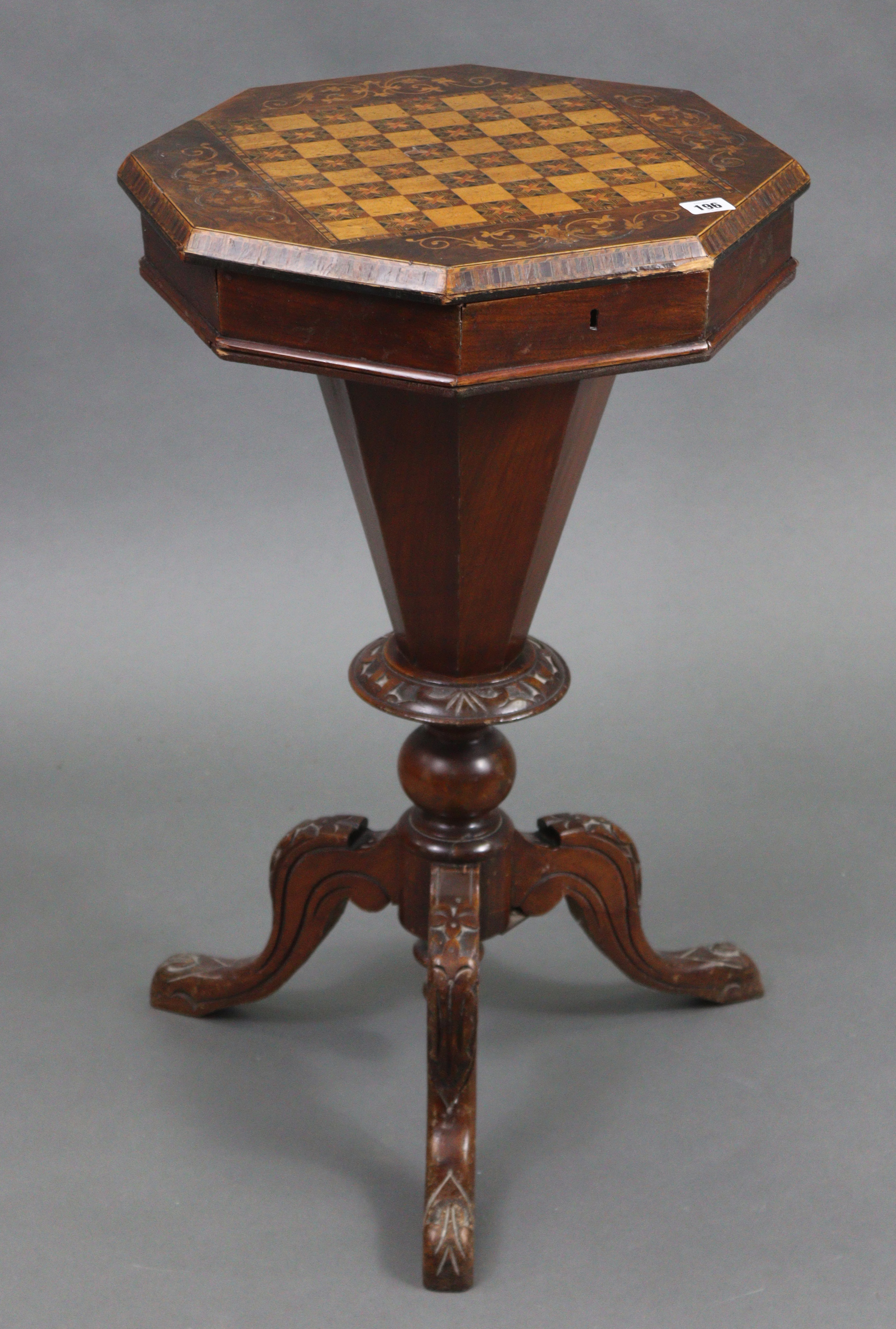 A Victorian marquetry-inlaid mahogany sewing table, inset chessboard to the octagonal hinged