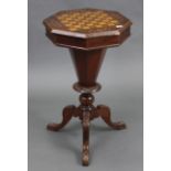 A Victorian marquetry-inlaid mahogany sewing table, inset chessboard to the octagonal hinged