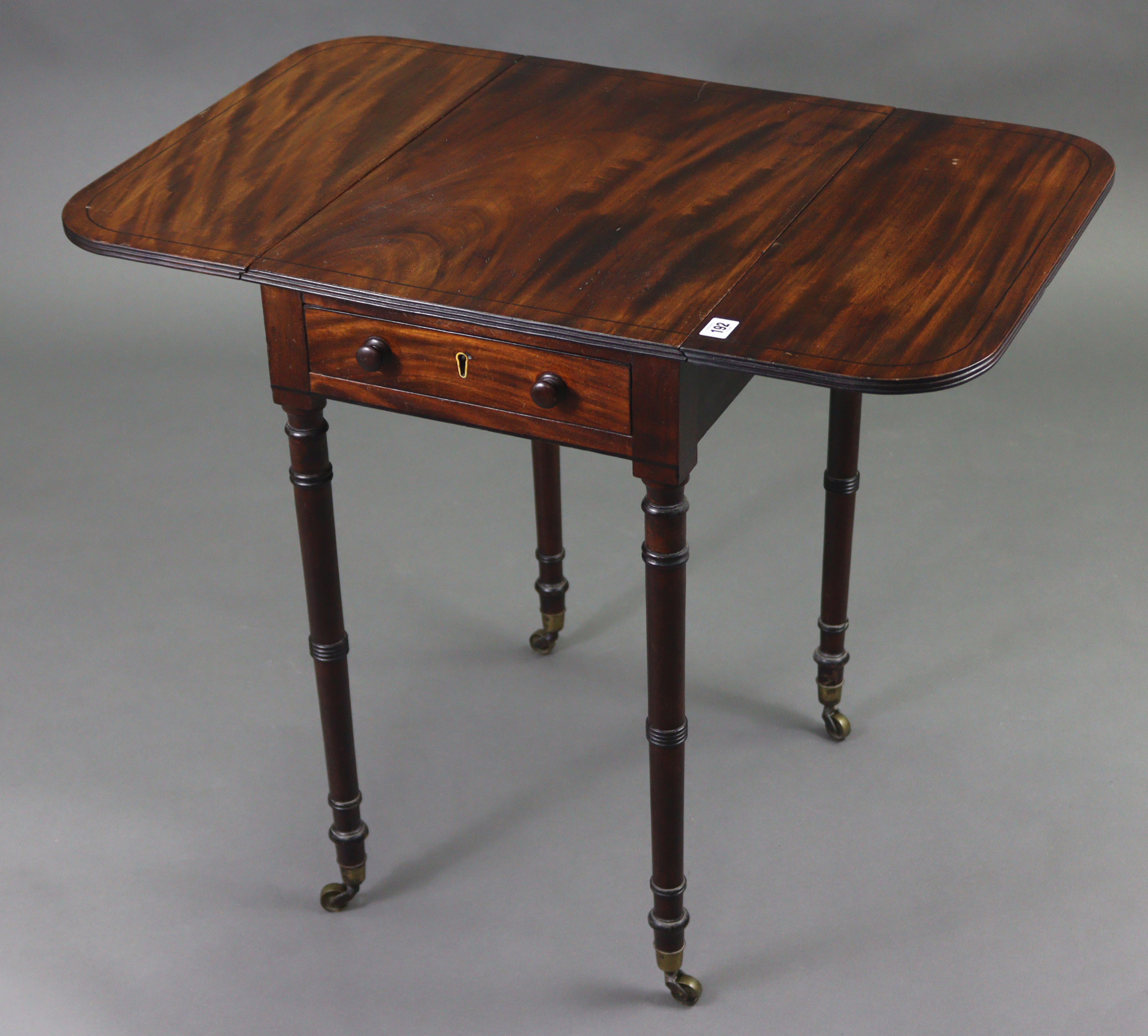 A 19th century inlaid-mahogany rectangular drop-leaf work table, on ring-turned legs with brass - Image 3 of 8