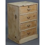 A pine small upright chest, fitted four long drawers with brass swan-neck handles & on plinth
