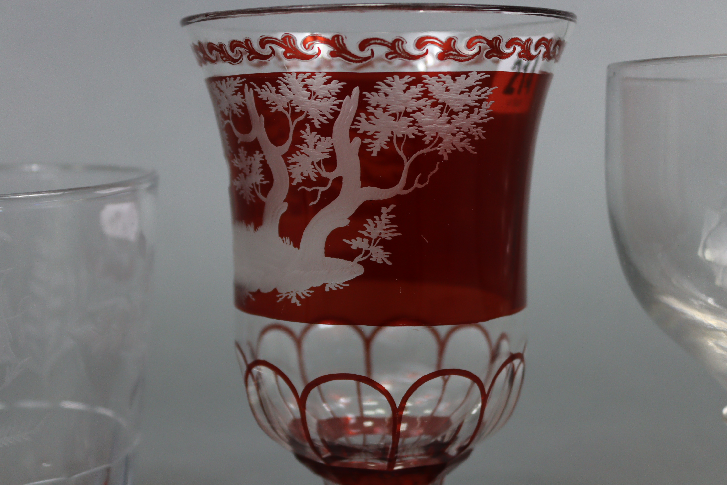 A ruby tinted & clear-glass vase with etched stag decoration, 16¼” high; a large glass tumbler - Image 5 of 14