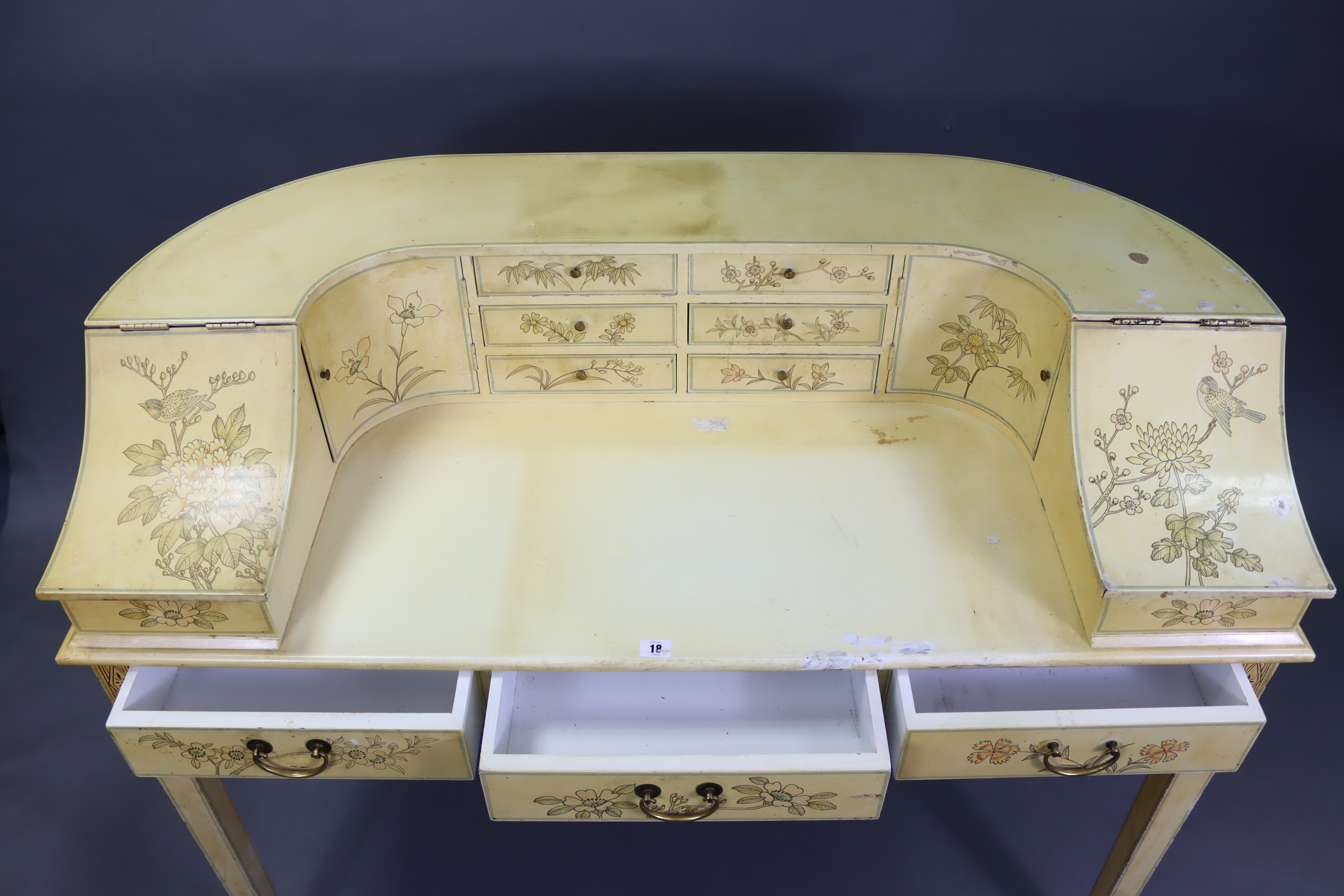 A Carlton House-type cream finish wooden desk, fitted with an arrangement of small drawers & - Image 3 of 6