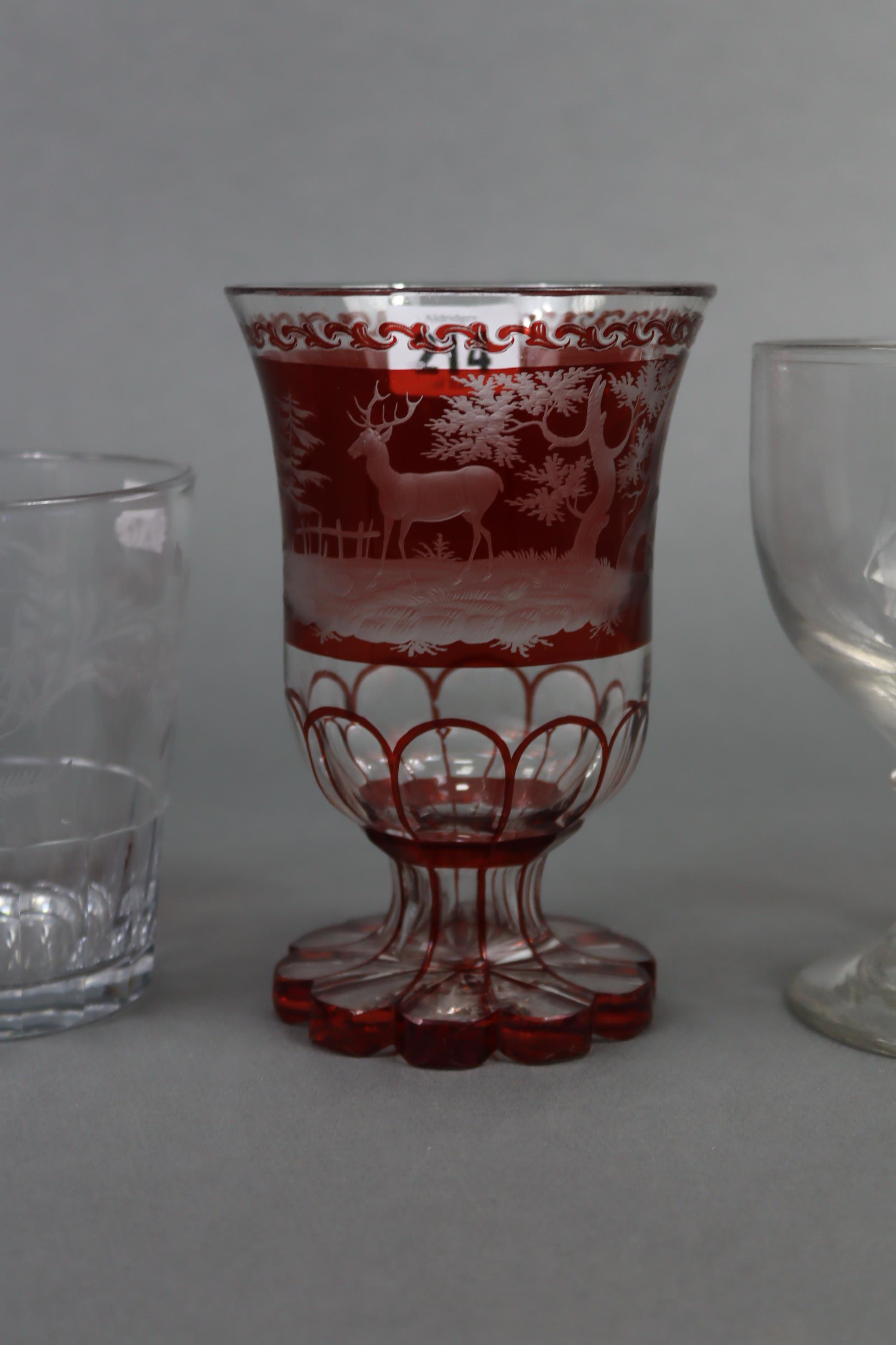 A ruby tinted & clear-glass vase with etched stag decoration, 16¼” high; a large glass tumbler - Image 2 of 14