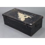 A Japanned-metal travelling trunk, with hinged lift-lid & wrought-iron side handles, 35½” wide x 12”
