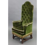 A buttoned-back hall chair with loose cushion to the seat upholstered green velour, & on short