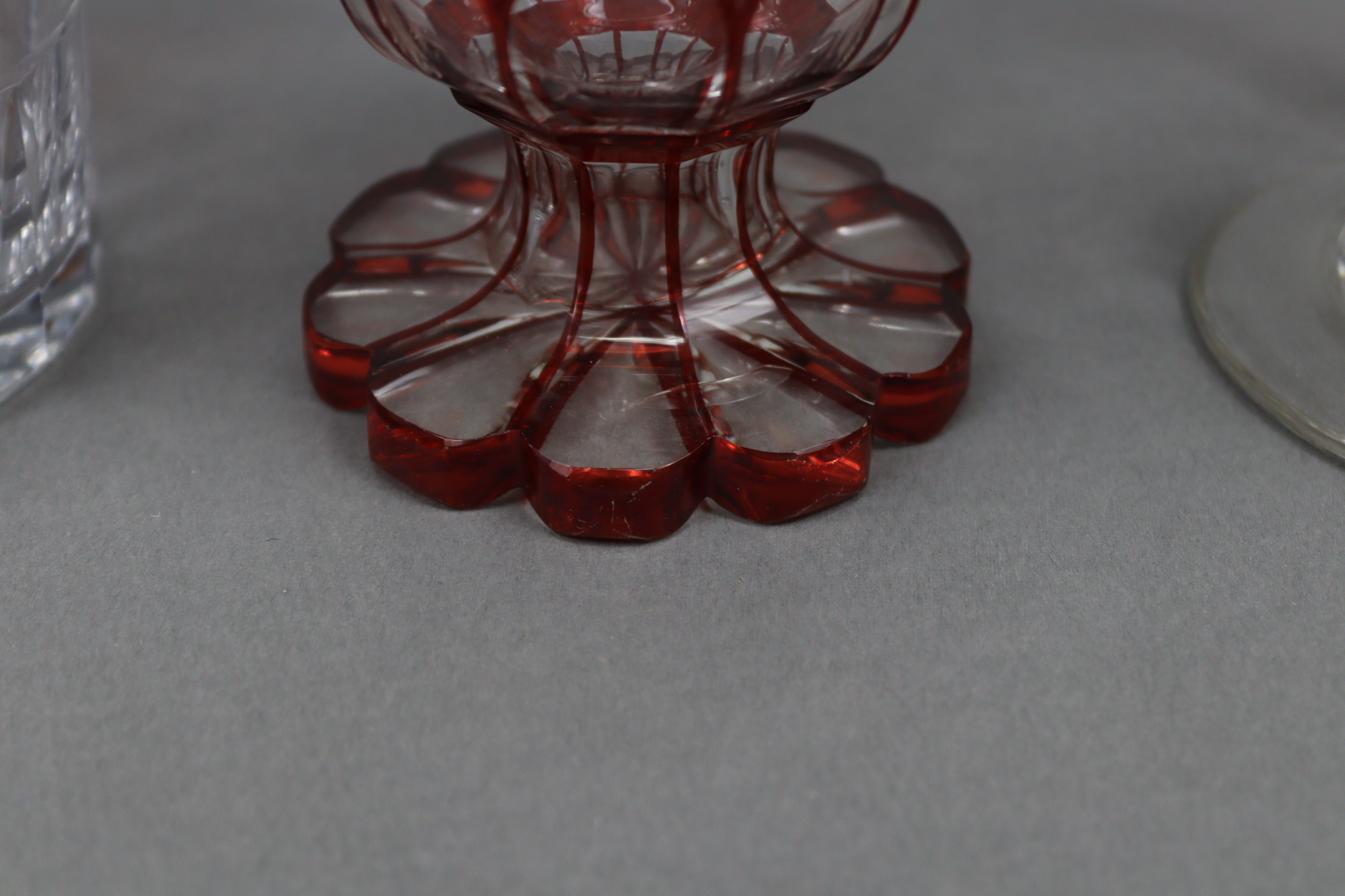 A ruby tinted & clear-glass vase with etched stag decoration, 16¼” high; a large glass tumbler - Image 8 of 14