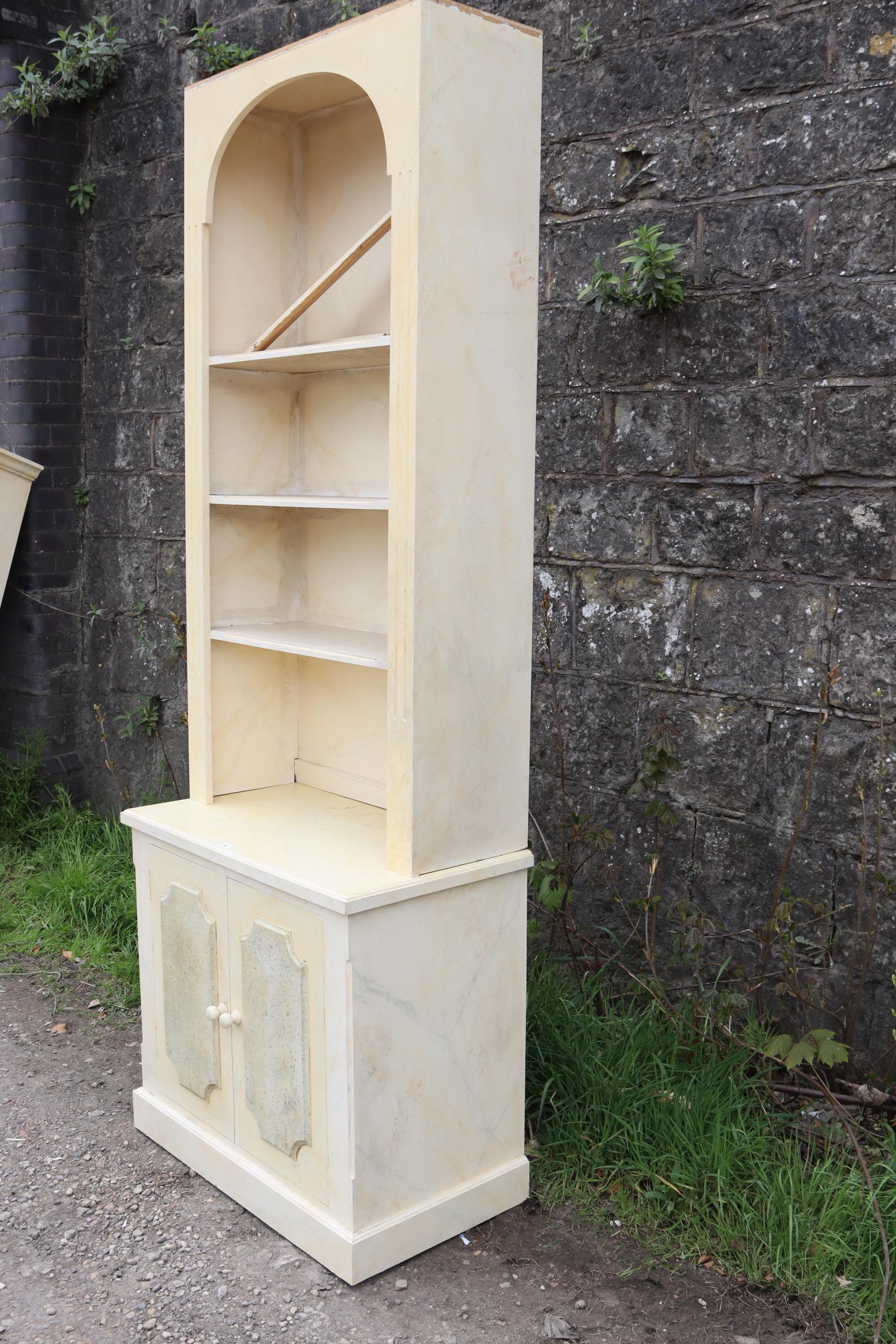 A pair of white & grey painted marble-effect wooden tall bookcases, the upper part with moulded - Image 11 of 11
