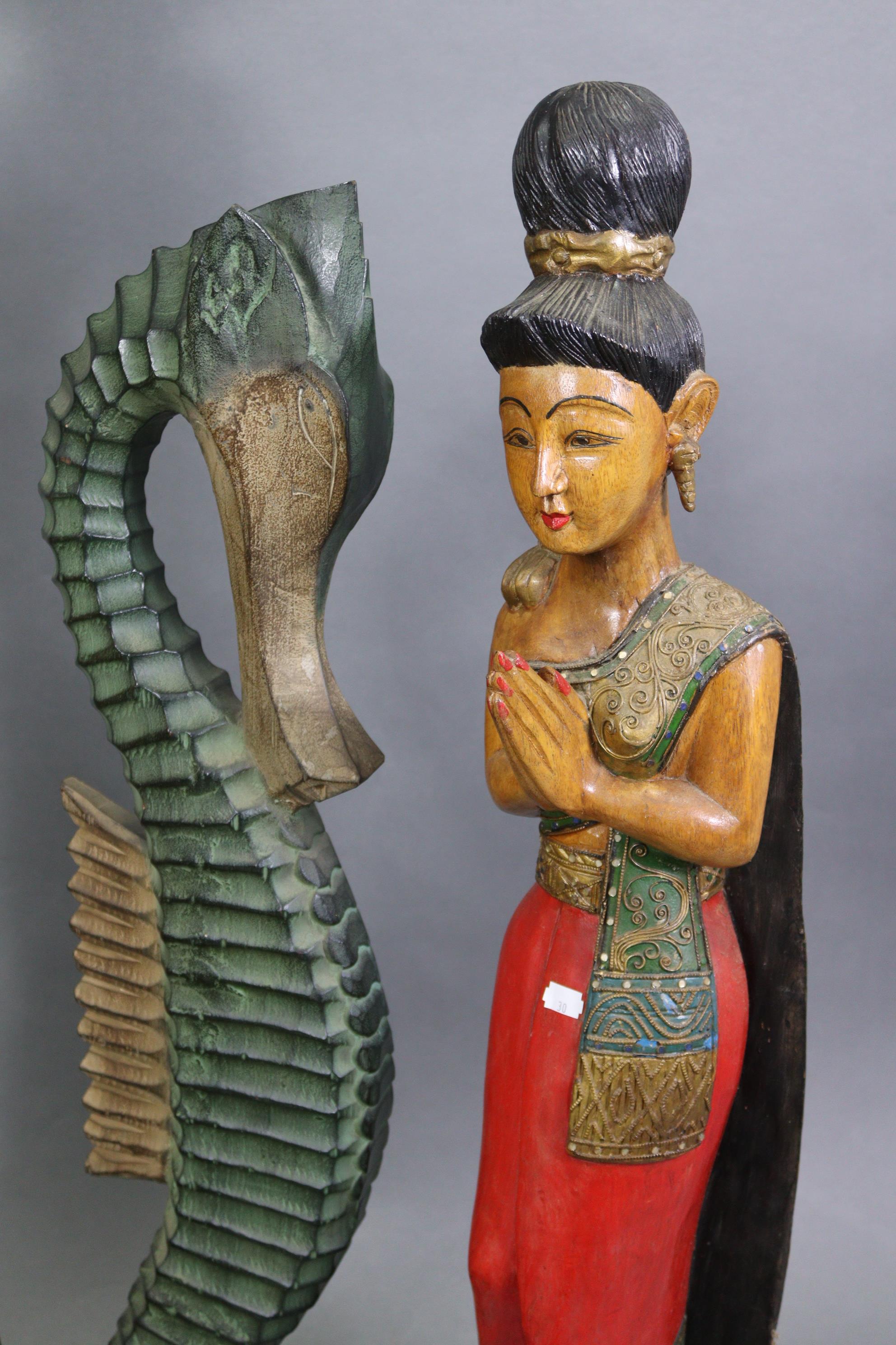 A painted & carved wooden Buddha ornament, 22” high; a pair of temple-dog ornaments, 10” high; & - Image 4 of 5