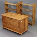 A pine blanket box with hinged lift-lid & panelled front, 37” wide x 22” high; & a pair of pine