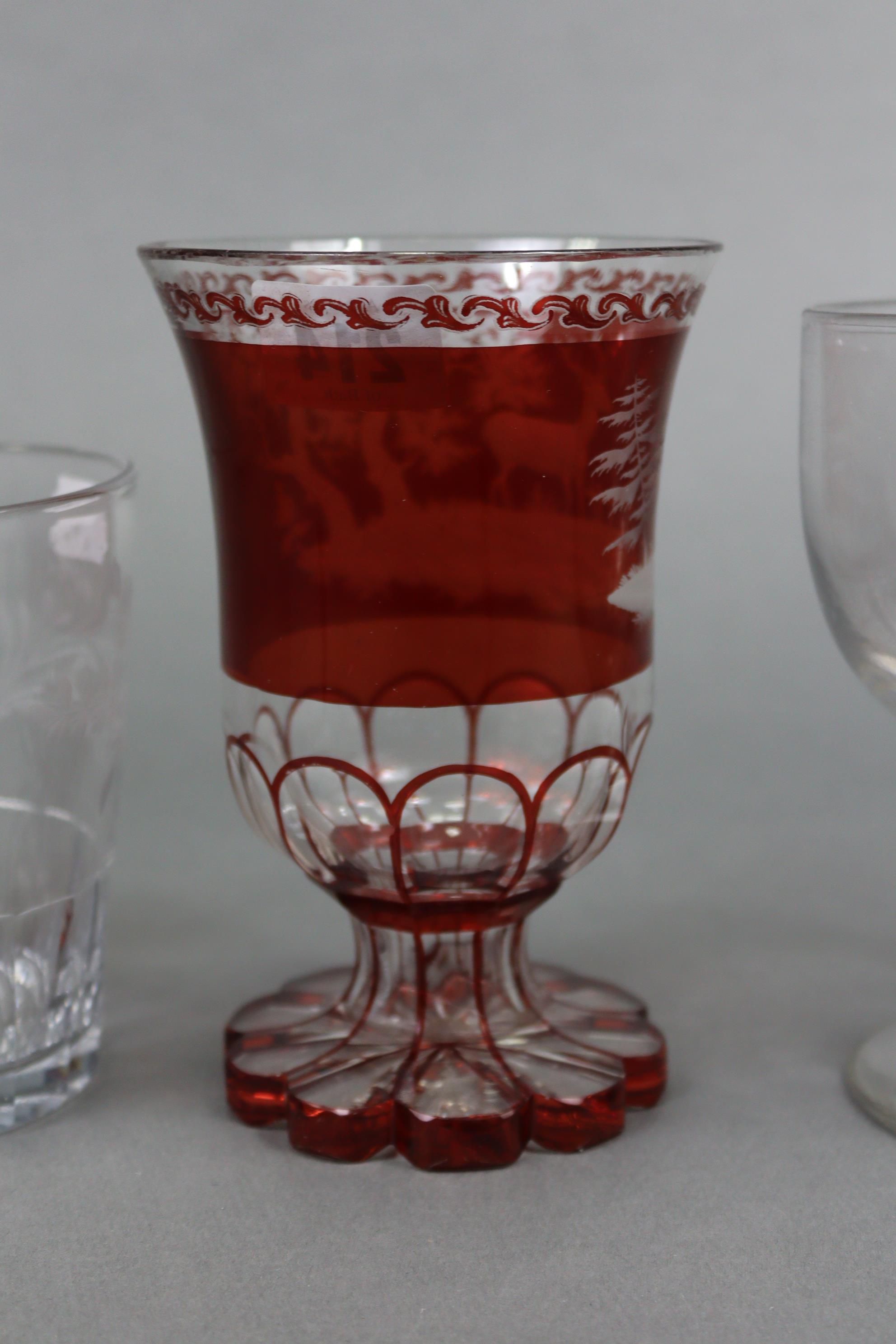 A ruby tinted & clear-glass vase with etched stag decoration, 16¼” high; a large glass tumbler - Image 6 of 14