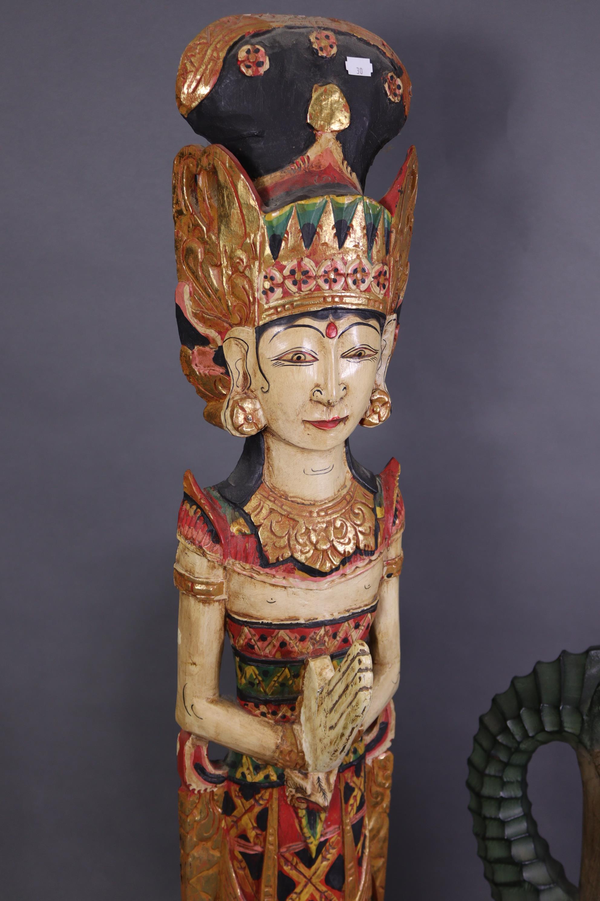 A painted & carved wooden Buddha ornament, 22” high; a pair of temple-dog ornaments, 10” high; & - Image 5 of 5