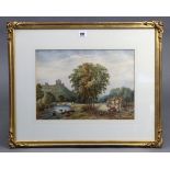 A large watercolour painting of a village scene with castle to the background, signed with