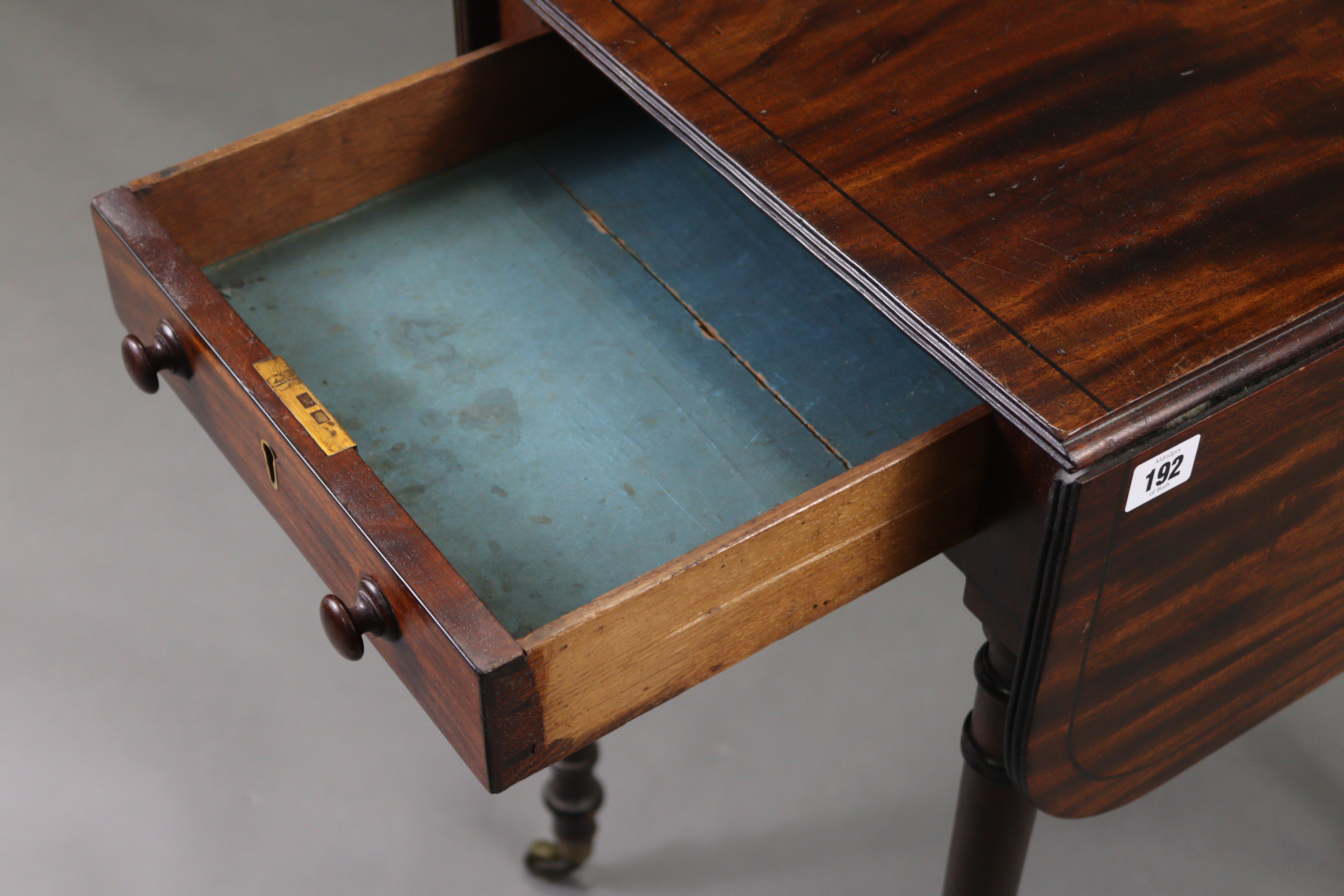 A 19th century inlaid-mahogany rectangular drop-leaf work table, on ring-turned legs with brass - Image 6 of 8