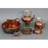 A Victorian copper circular spirit kettle with turned bone handle, with base; a copper oval