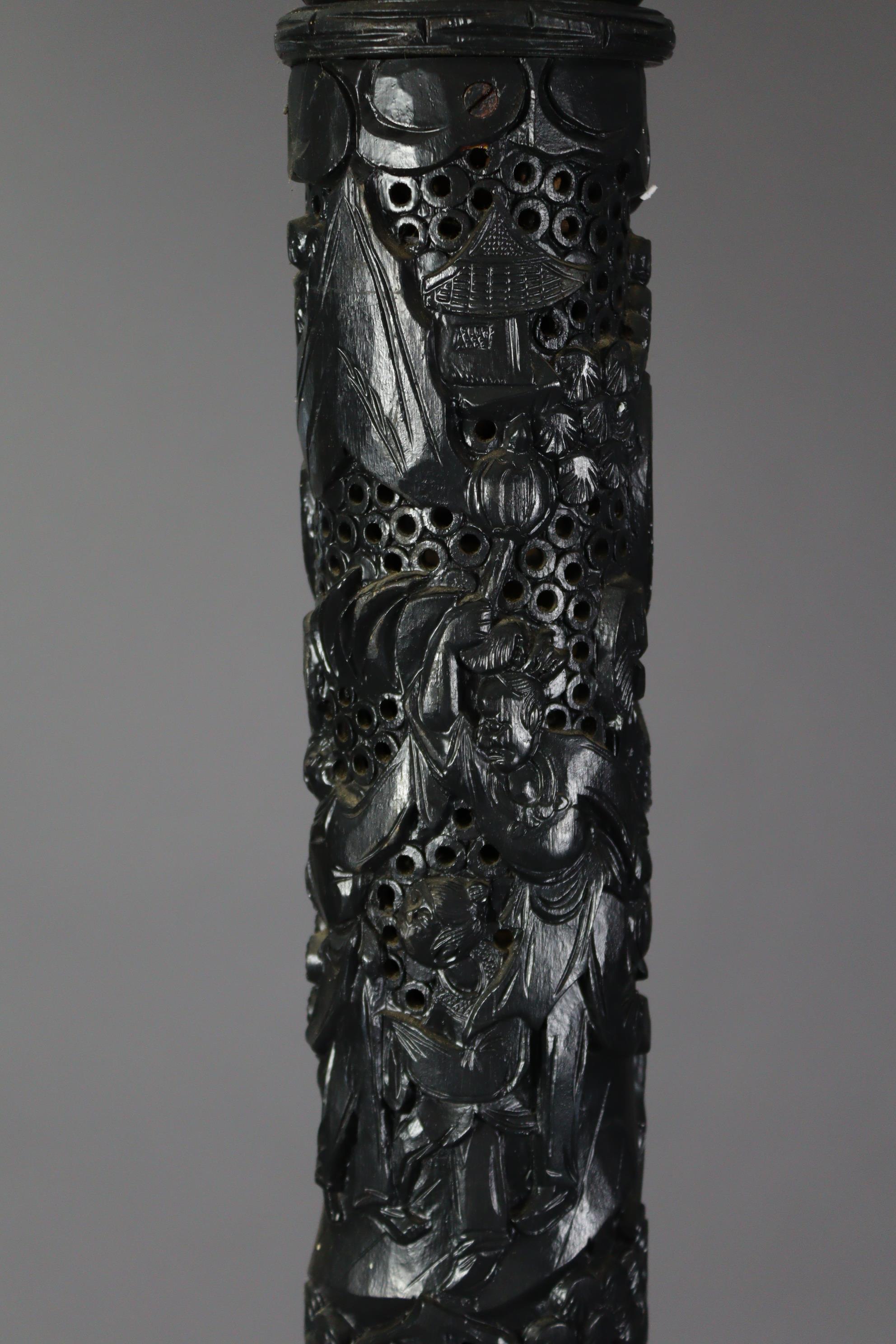 An early 20th century eastern carved & pierced ebonised wooden torchere/standard lamp, the - Image 3 of 11