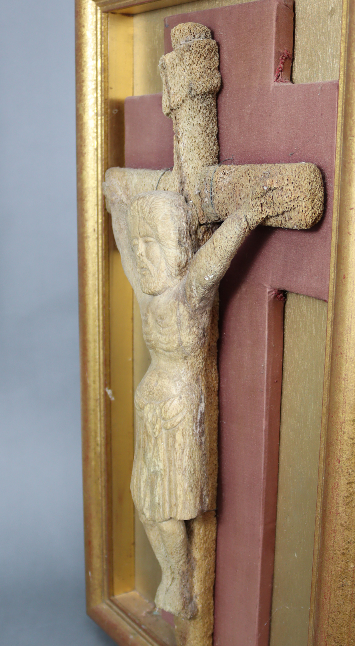 An early carved bone Corpus Christi, 20½” x 10”, mounted on burgundy silk-lined backing, & in open - Image 3 of 5