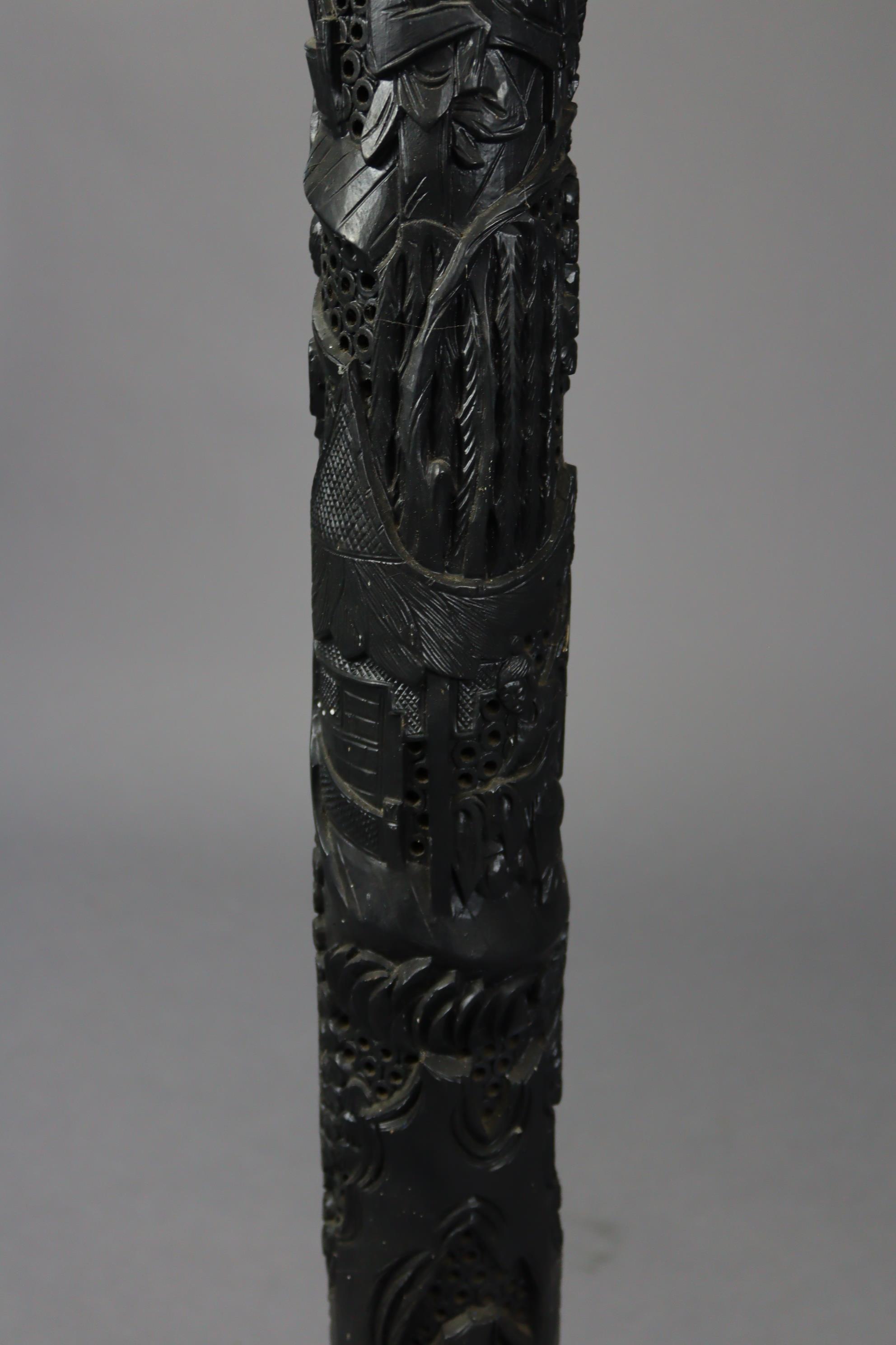 An early 20th century eastern carved & pierced ebonised wooden torchere/standard lamp, the - Image 6 of 11