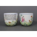 A pair of Chinese porcelain famille rose 'chicken' cups, each decorated with a figure feeding