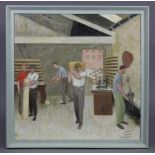 URSULA EDGCUMBE (1900-1985). A group of figures in a workshop. Signed with monogram lower left;