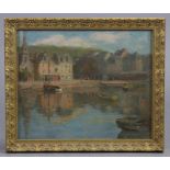 FRENCH SCHOOL (early 20th century). A lake scene with beached vessels to the fore, figures &