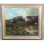 J. FIRTH (British, early 20th century). A highland landscape with cattle watering to the fore,