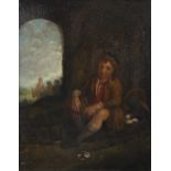 DUTCH SCHOOL, 17th/18th century. A young man with basket of eggs, resting in an alcove, figures &